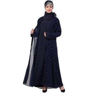 Dot printed double layered abaya-Navy blue